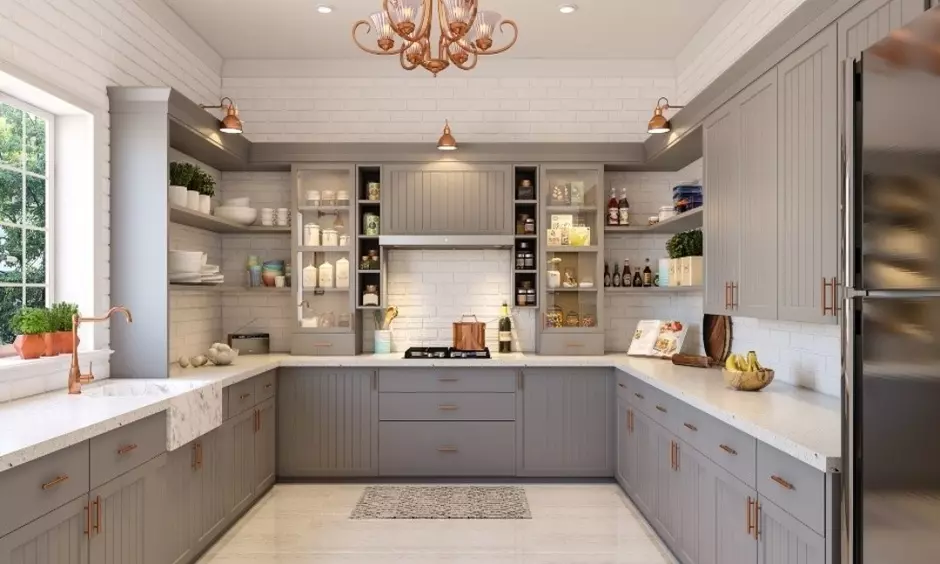 White kitchen with copper accents: Sink faucet, cookware, cabinet handles, and pendant lights