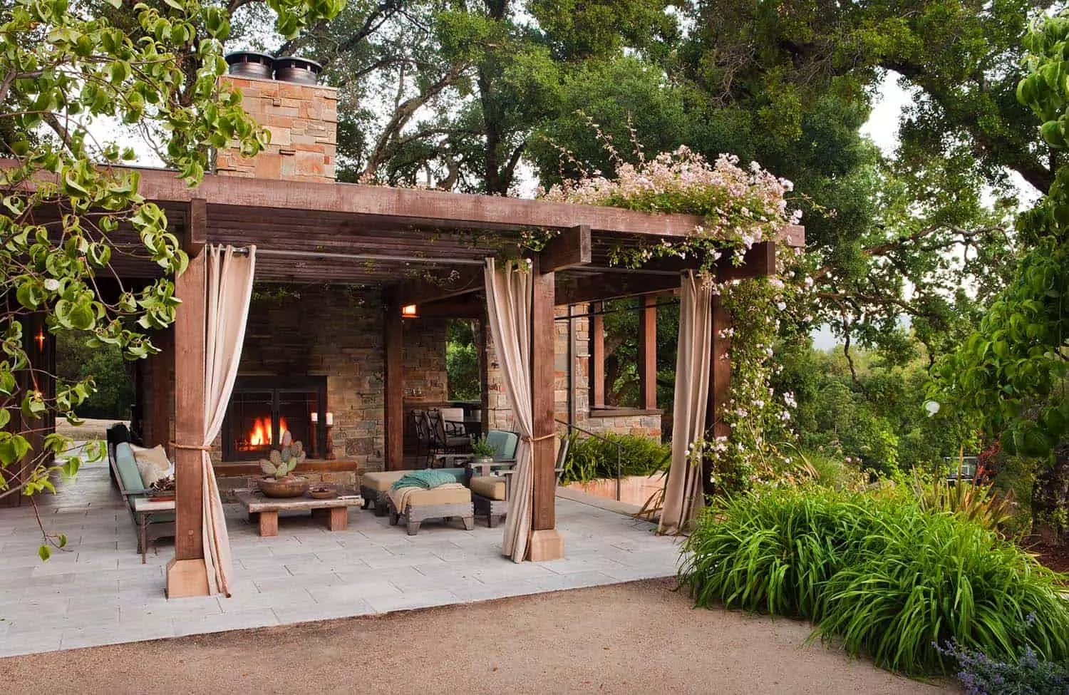 Outdoor deck with firepit and pergola