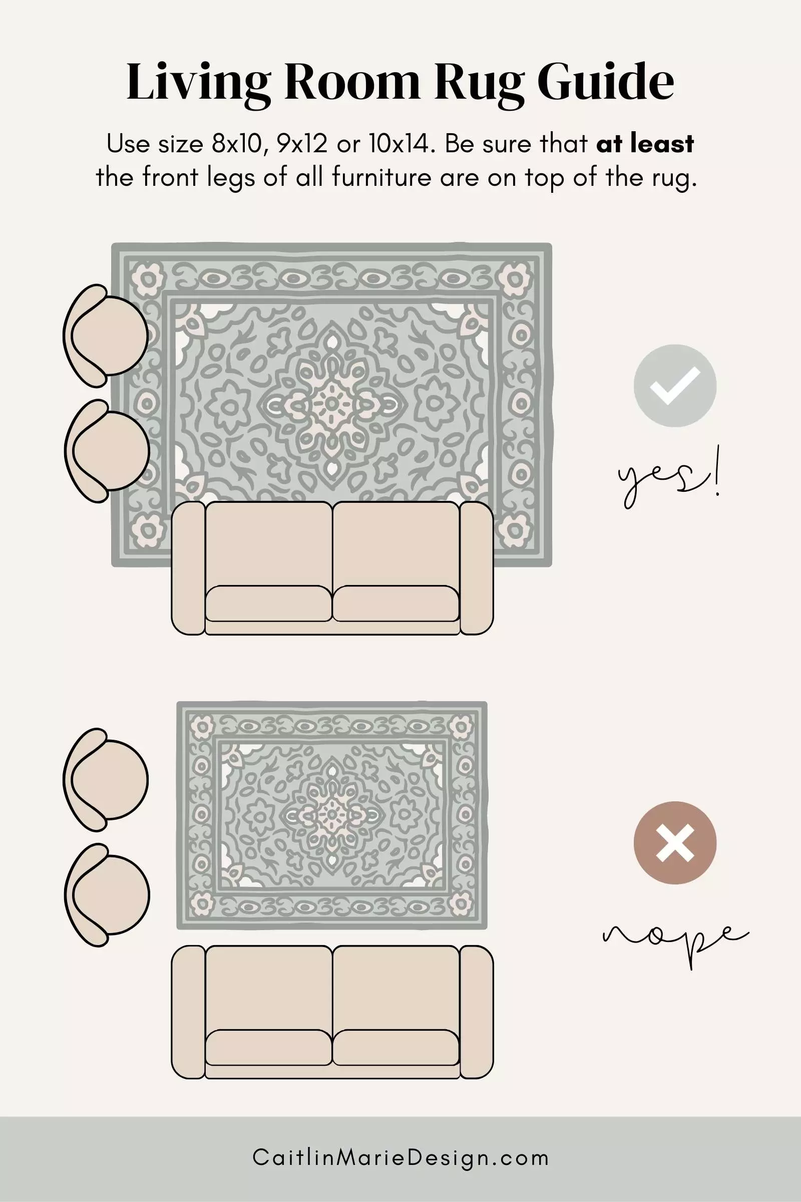 Living Room Rug Size Guide for a Couch and Chairs: Use size 8×10, 9×12, or 10×14. Be sure that at least the front legs of all furniture are on top of the rug.