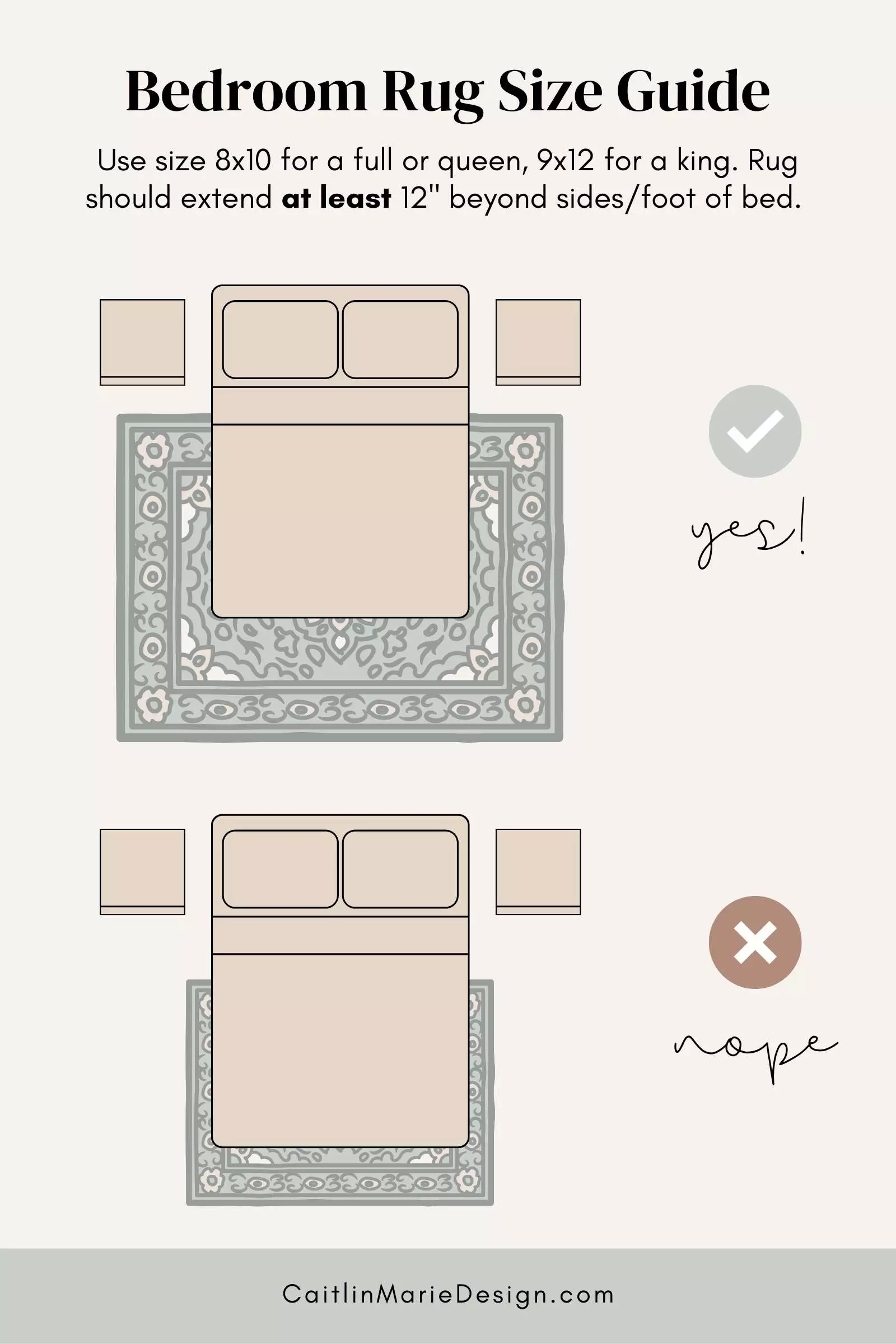Bedroom Rug Size Guide: Use size 8x10 for a full or queen, 9x12 for a king. Rug should extend at least 12" beyond sides/foot of bed.
