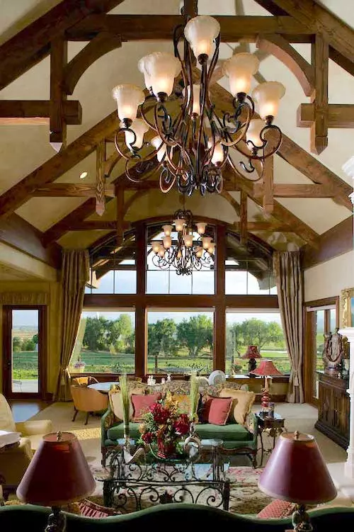 Great room with vaulted ceilings and timber accents