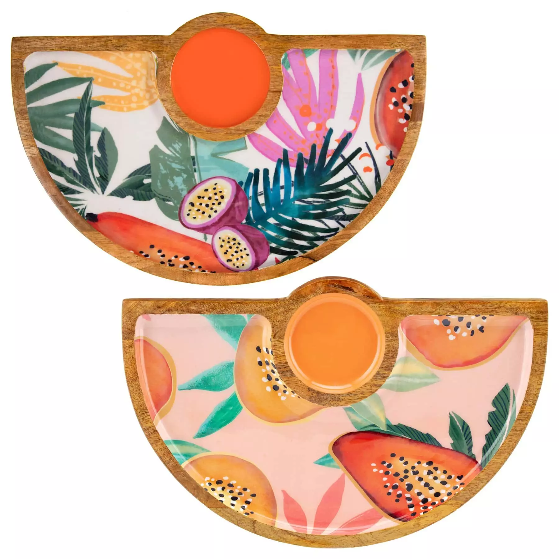 Bright tropical prints on cushions and plates