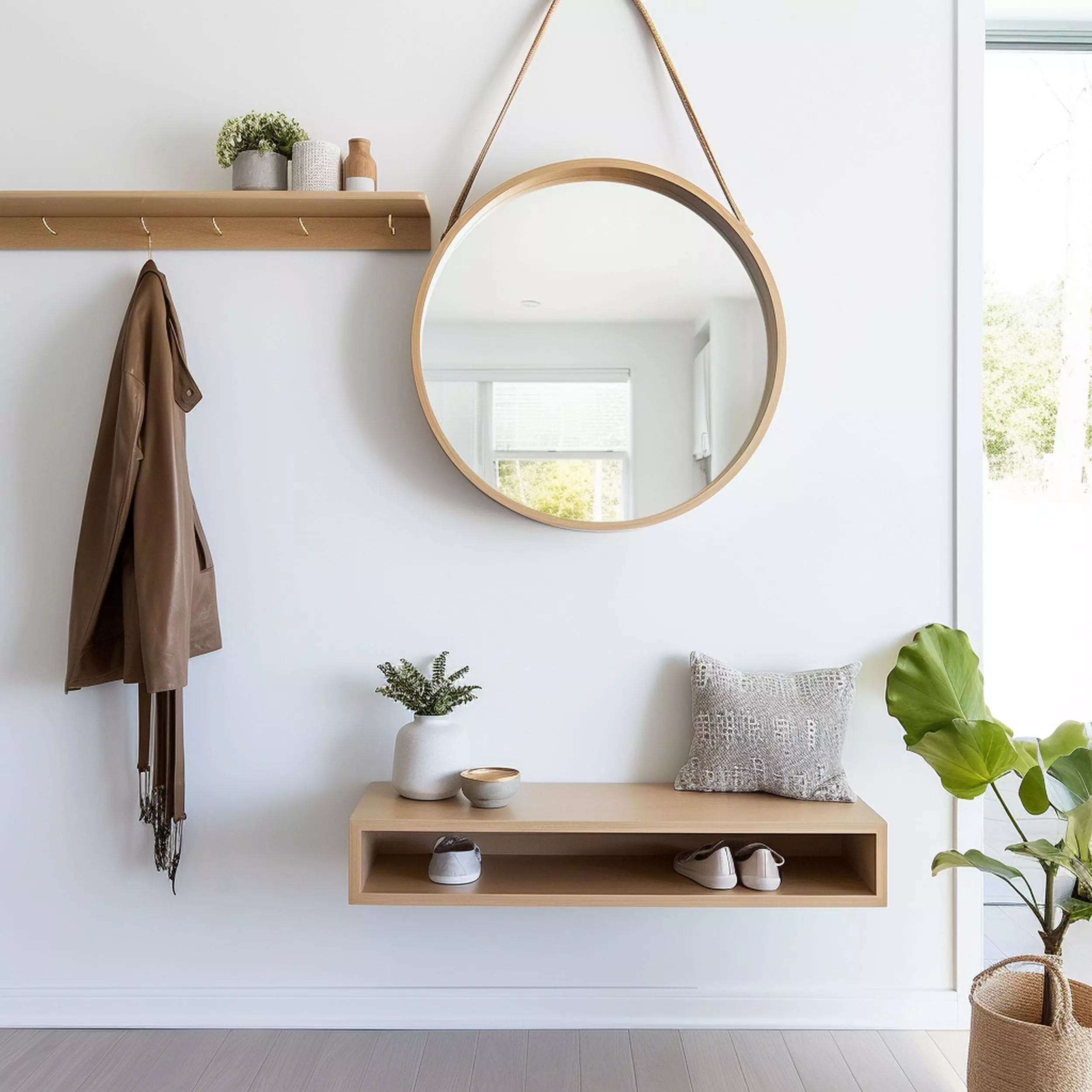 Round Mirror and Floating Console Table in Entryway