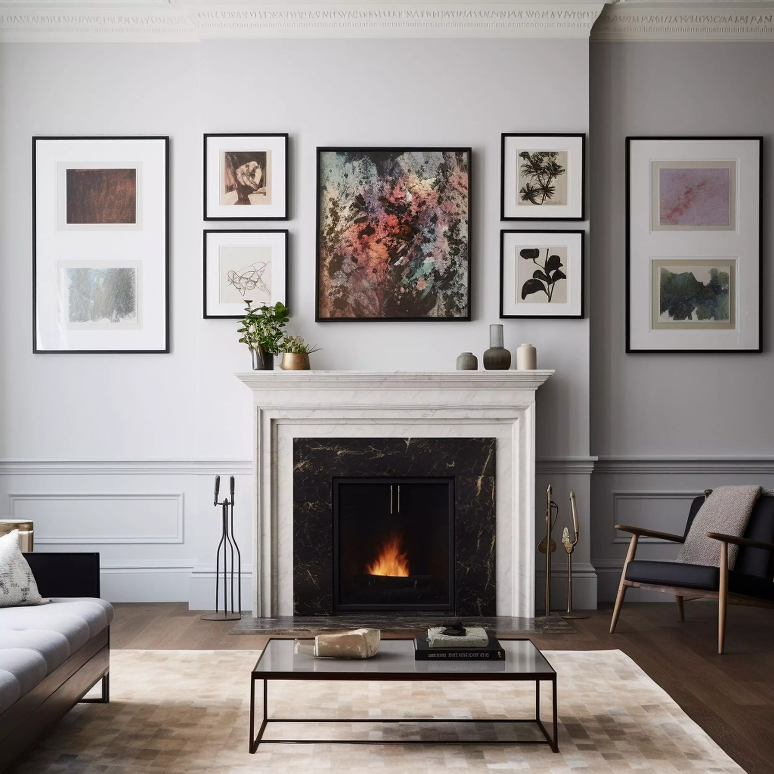 Fireplace With Abstract Gallery Wall Above it