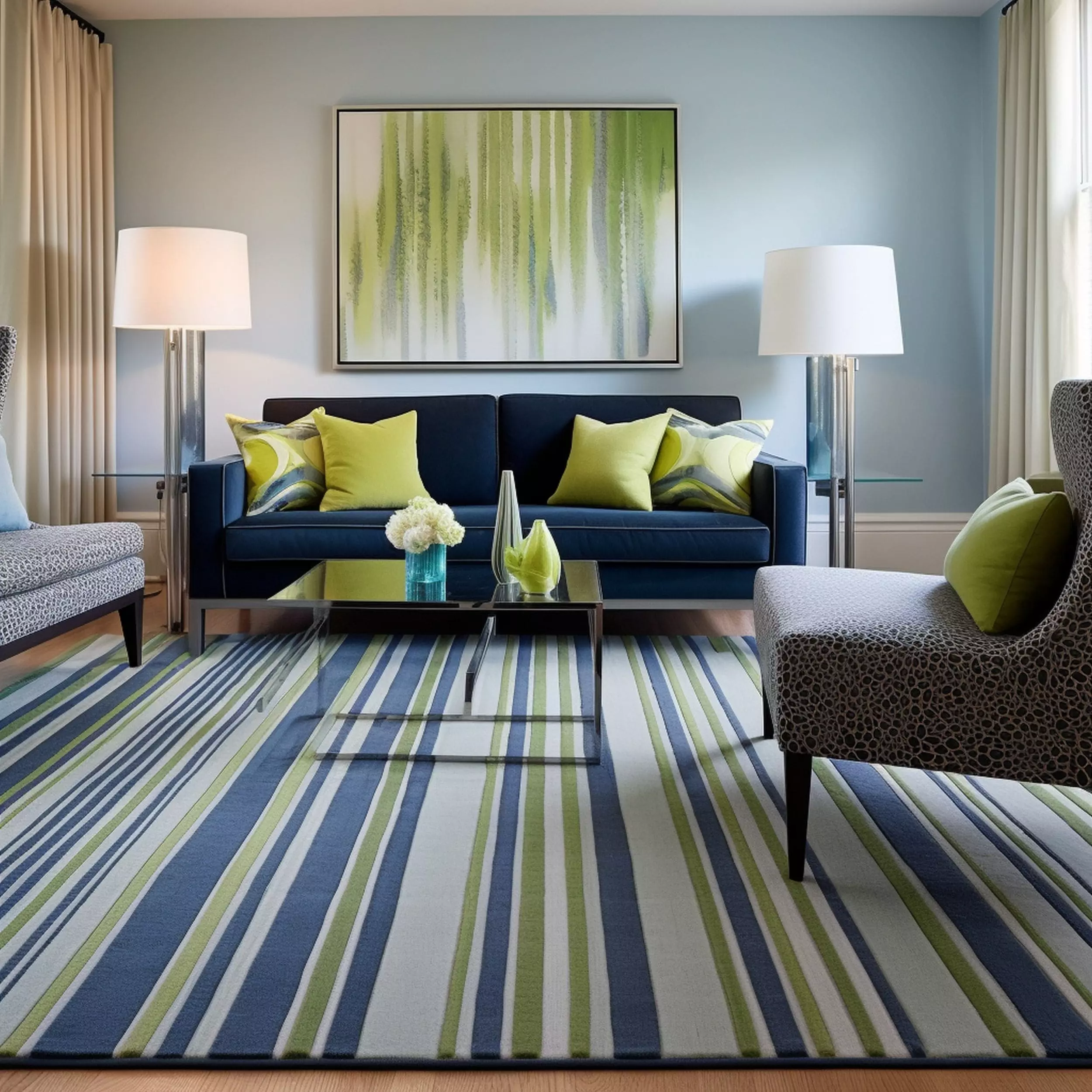Blue and Green Striped Carpet in Living Room