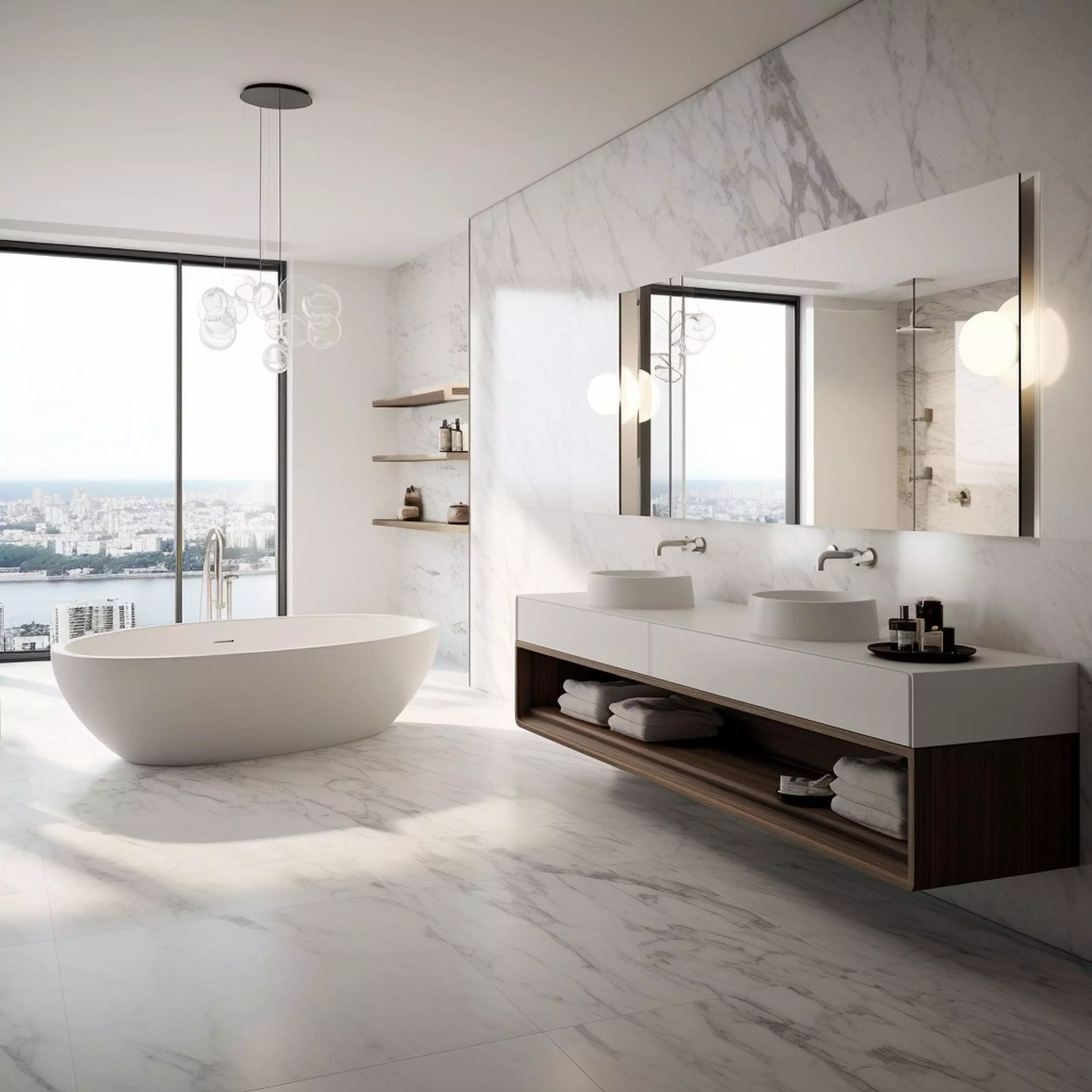 Minimalist Marble Bathroom in an Apartment