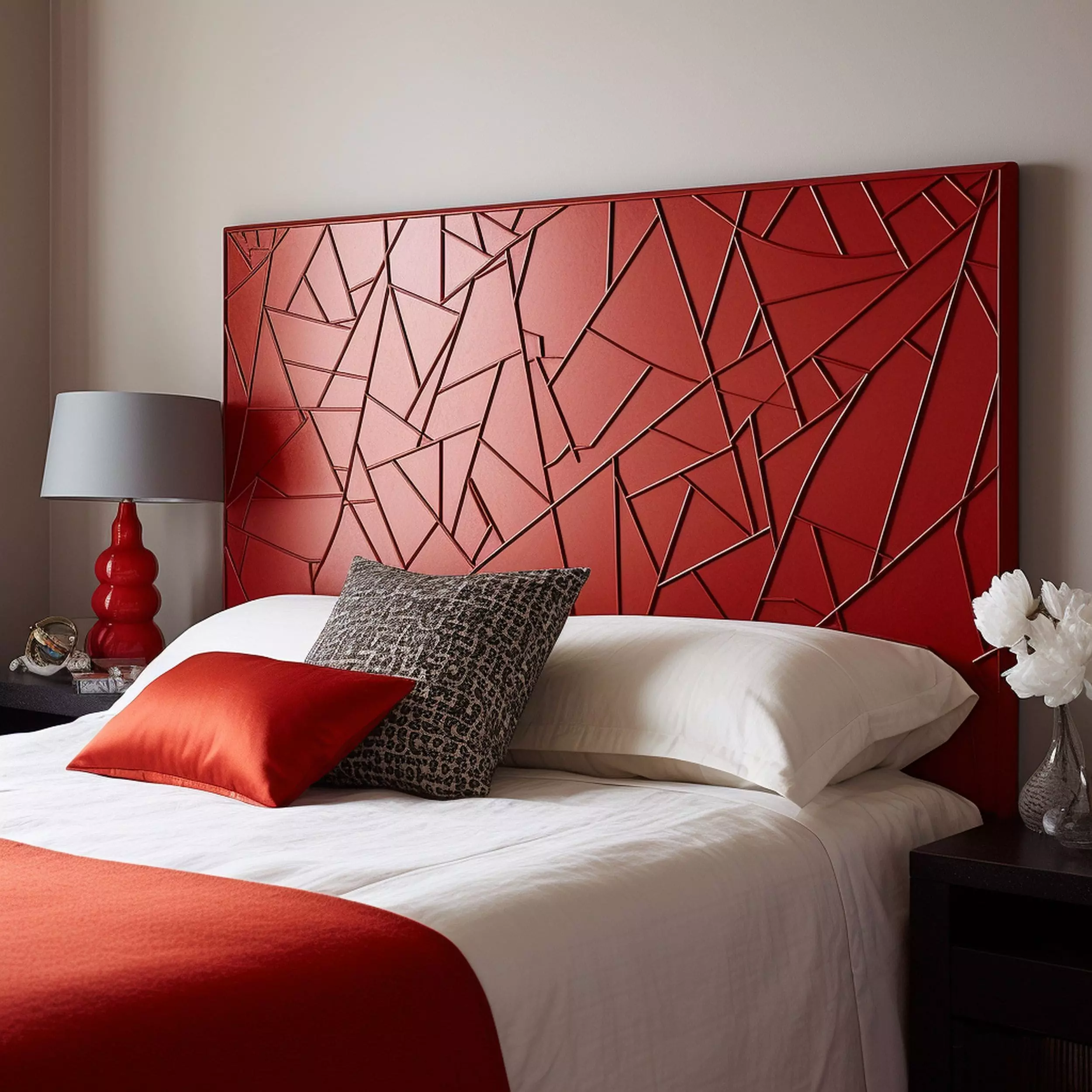 Geometric Red Headboard Design on a Bed