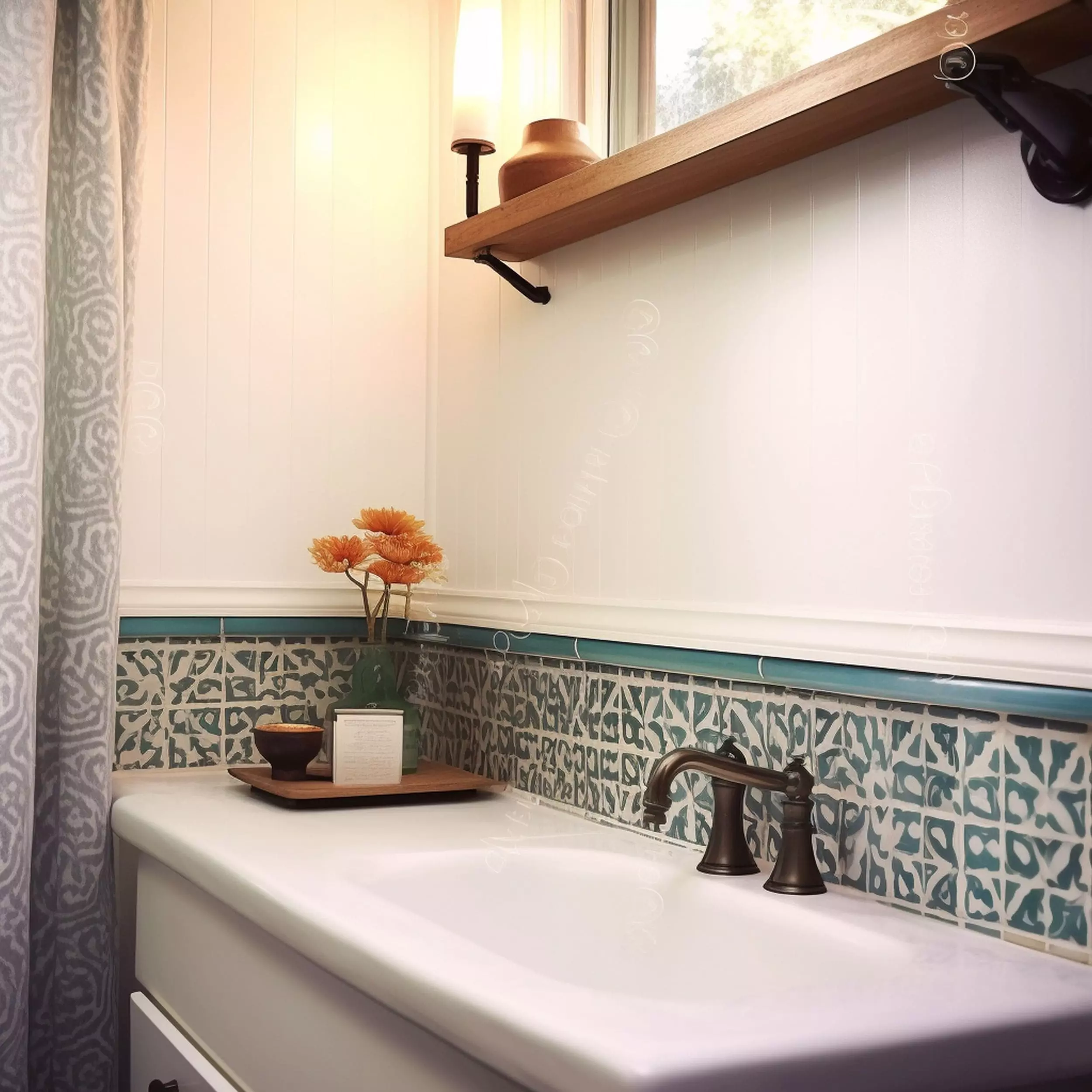 Patterned Tile Design in Compact Bathroom