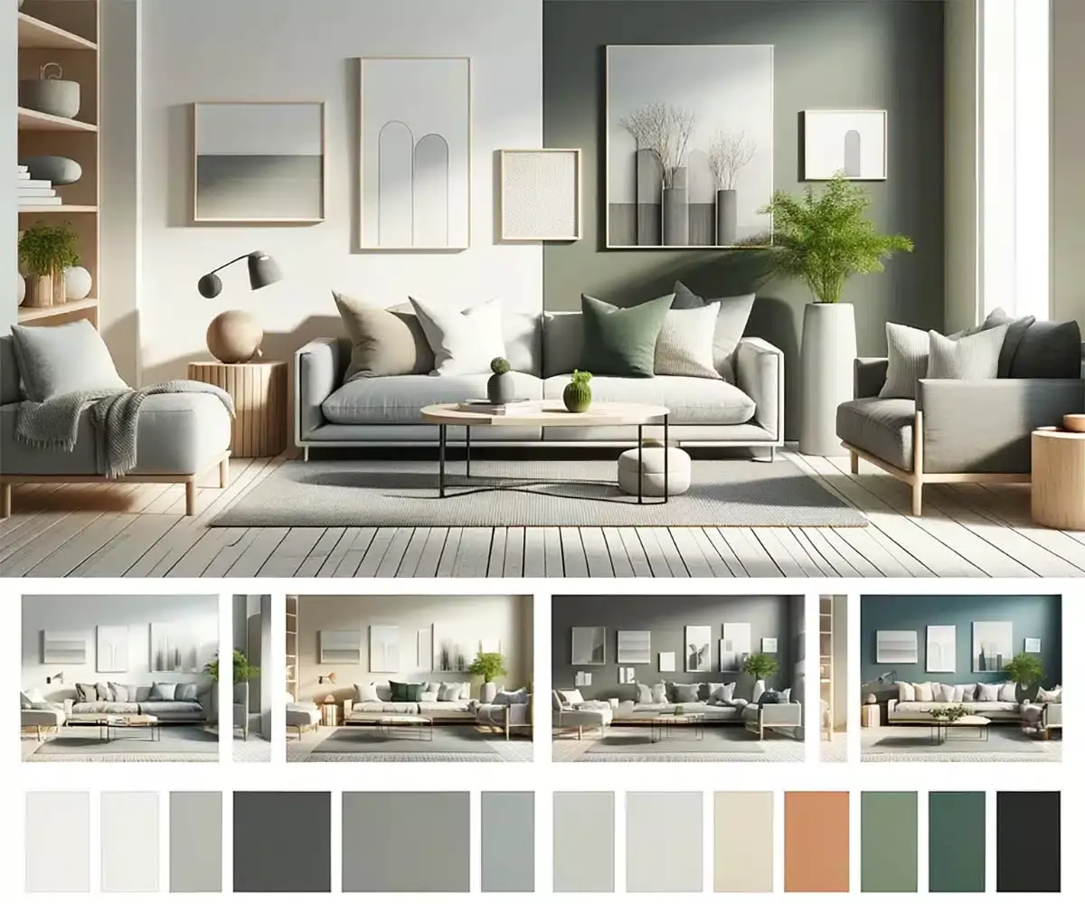 Room with gray loveseat and green panel walls