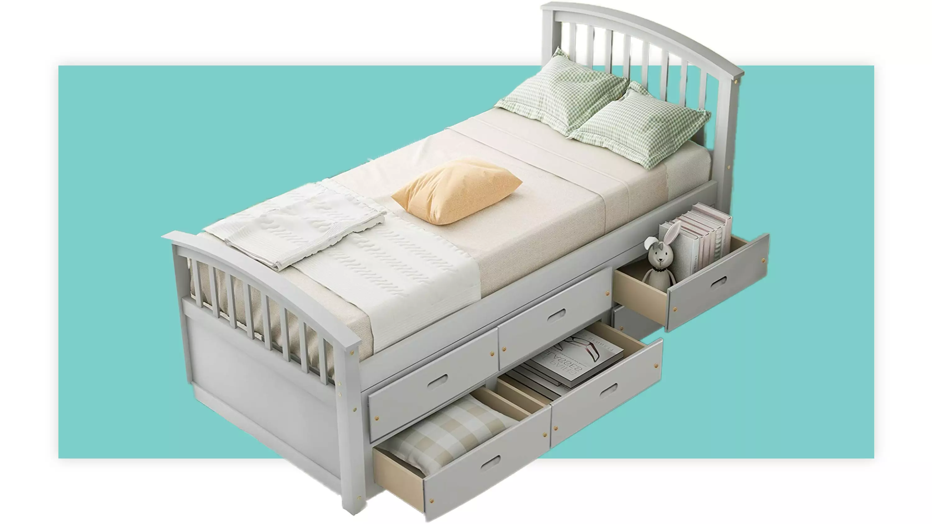 This bed offers six spacious drawers for storage.