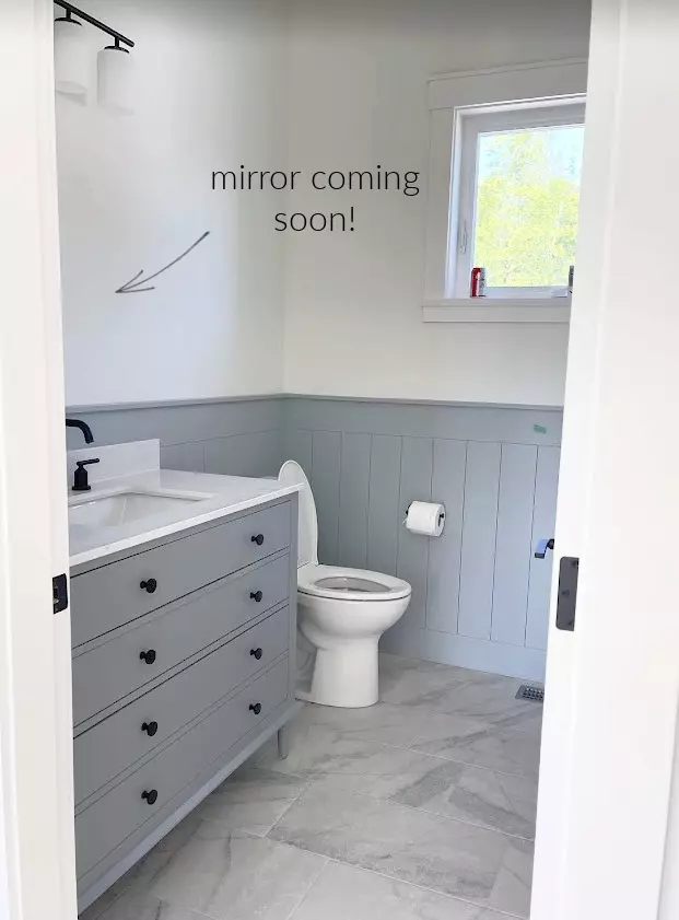 Bathroom with Sherwin Williams Network Gray shiplap, Benjamin Moore White Dove walls