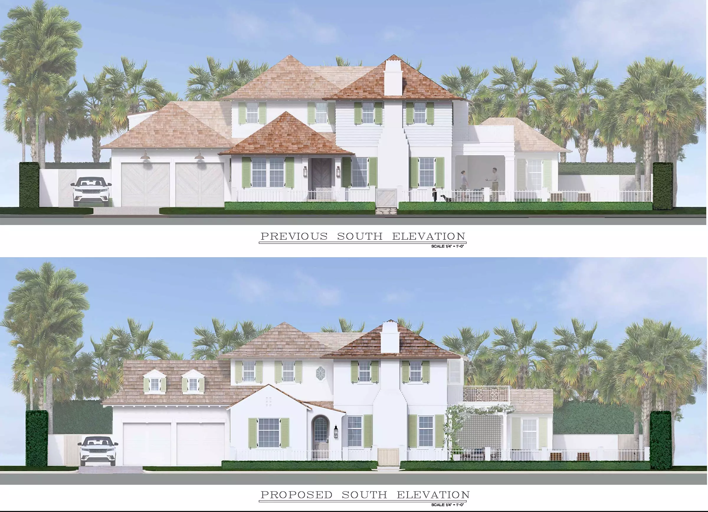 In September, the Palm Beach Architectural Commission asked for significant changes to the design of a house depicted in the top rendering for 217 Bahama Lane. The bottom rendering shows the revised design approved by the board in January.