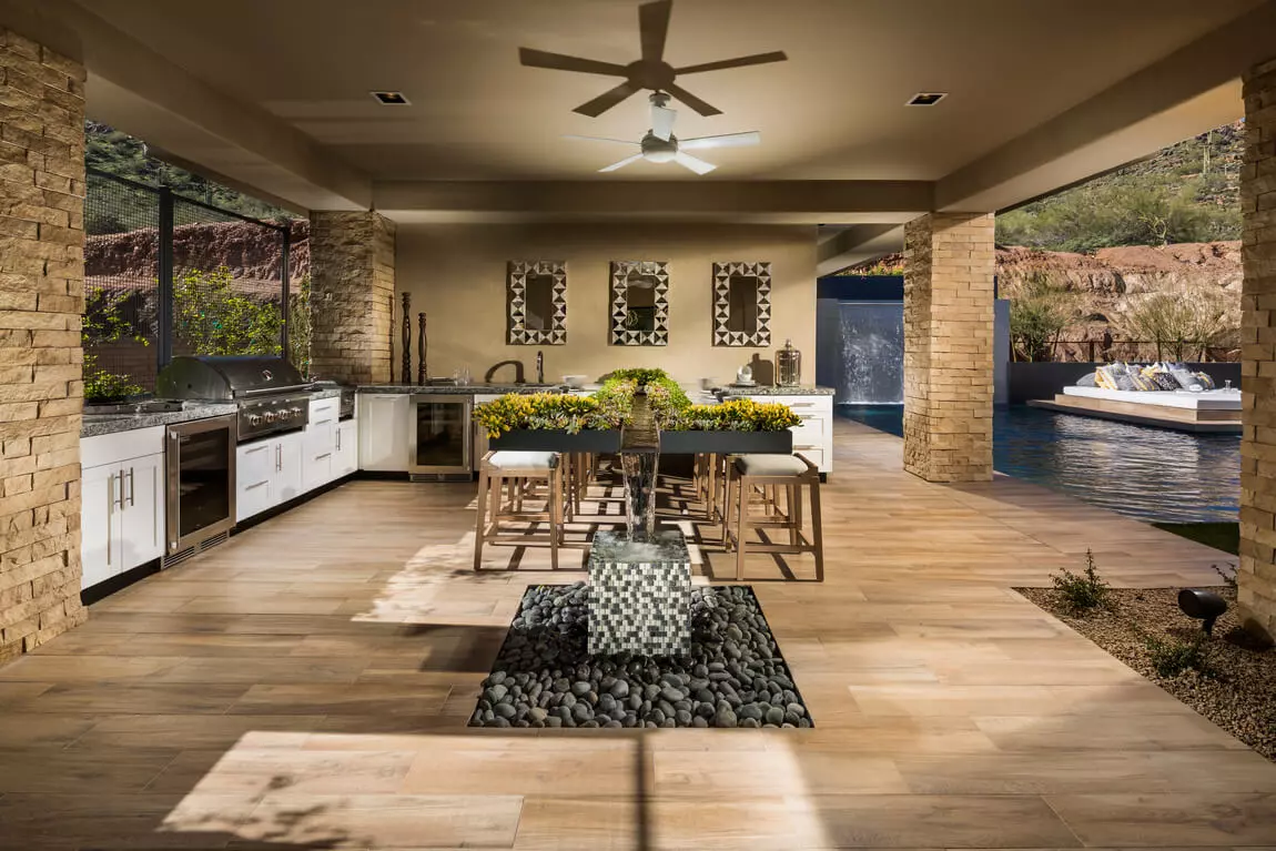 Unique great room highlighted by stacked wood and fireplace