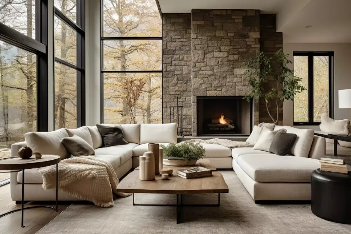 Lake home living room with floor-to-ceiling windows, nature views, neutral interior palette, stone fireplace wall