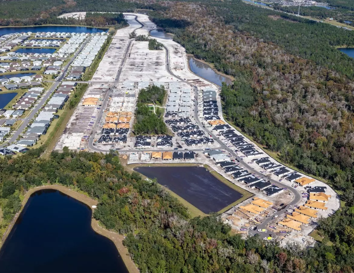 This is an aerial view of new homes under construction at Minto Communities