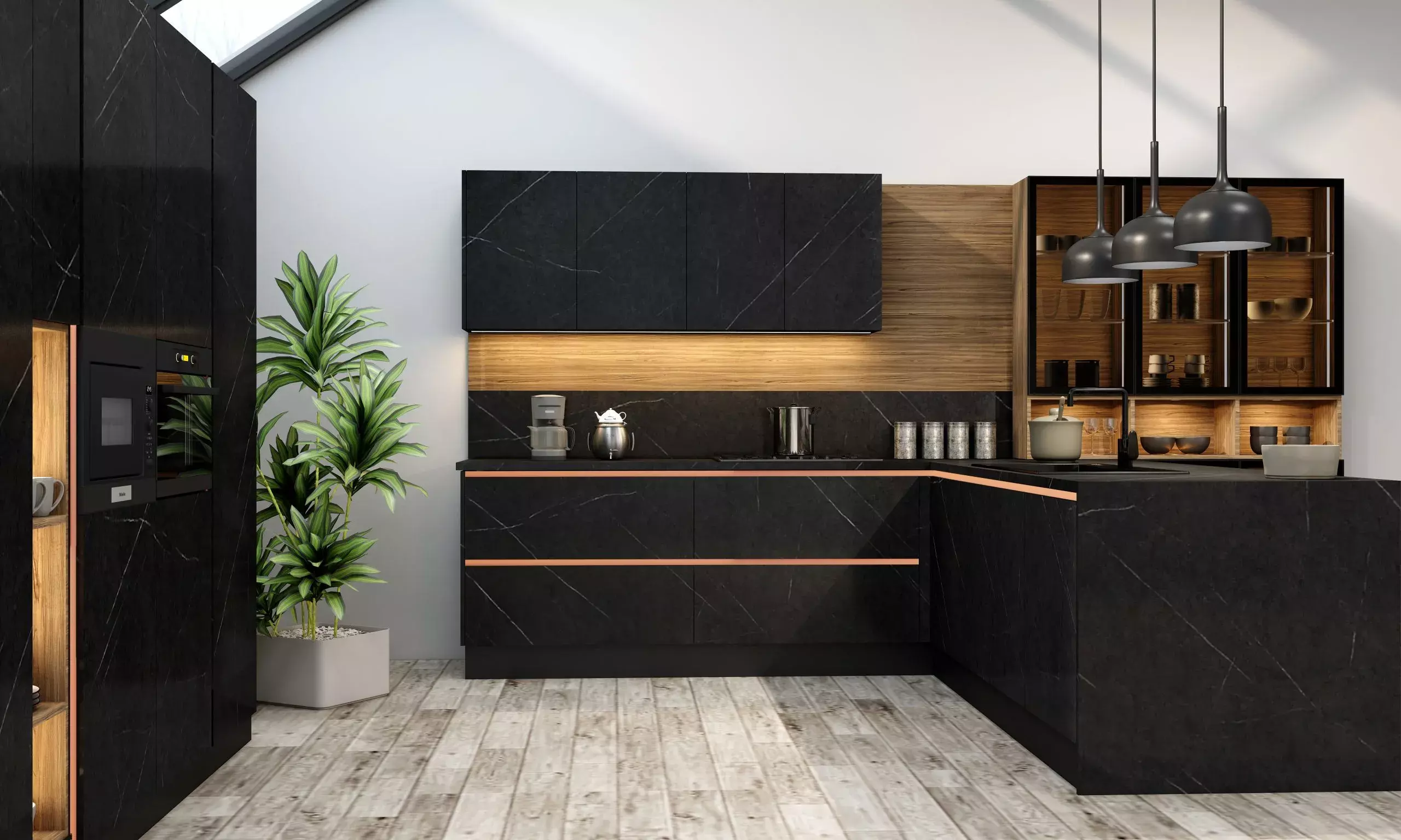 Black Modern Kitchen with White Walls