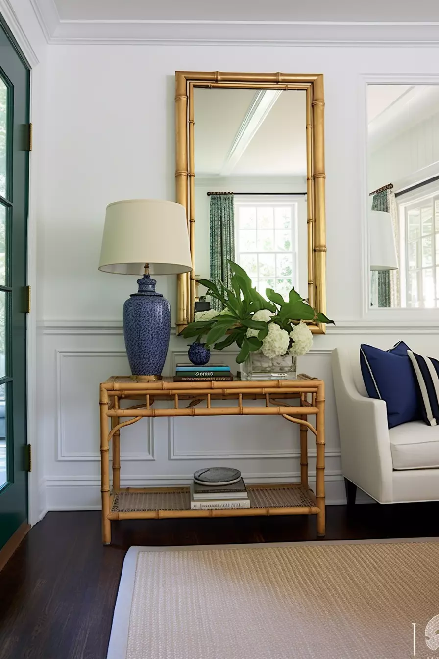 A rectangular living room with a large mirror and a wicker table.