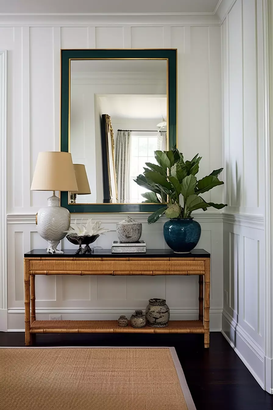 An awkward living room with a wicker side table and a large mirror.