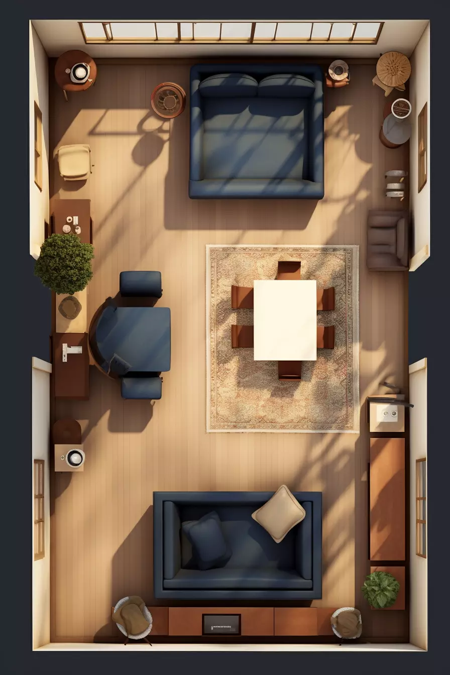 A rectangular living room captured in an aerial view.