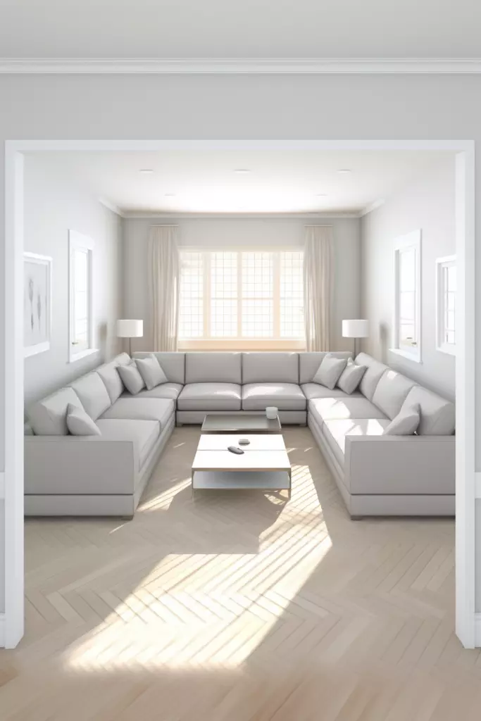 A rectangular living room with a white couch and a coffee table.