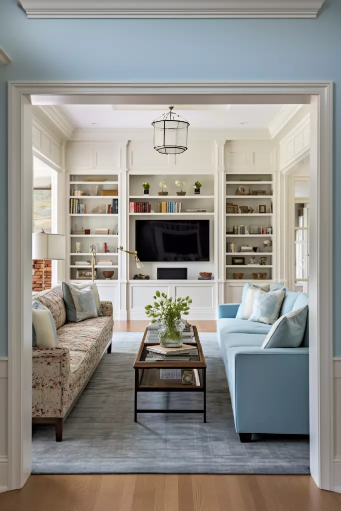 A rectangular living room with bookshelves and couches.