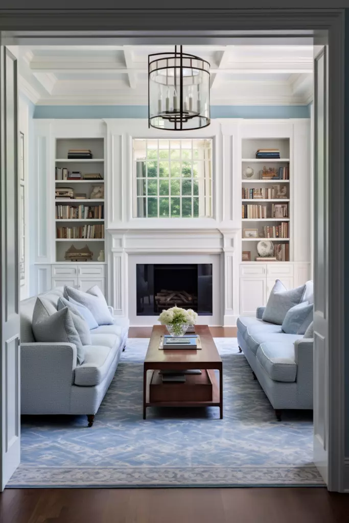 An awkward living room with blue walls and a fireplace.