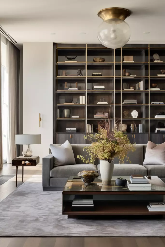 A rectangular living room with a blue couch and bookshelves.