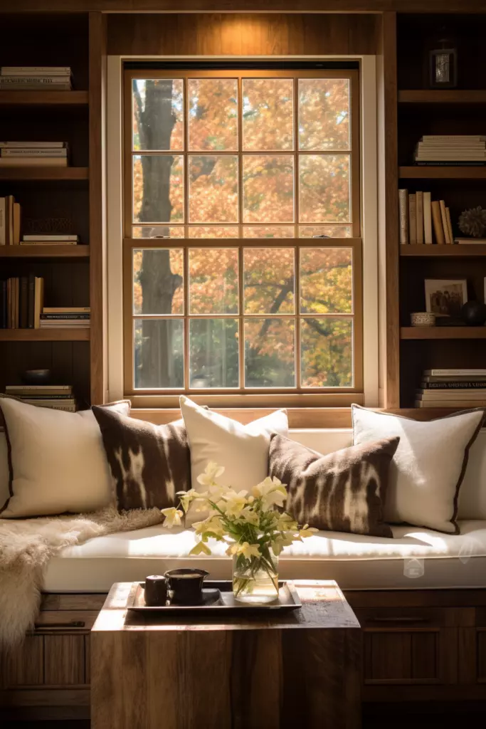 An awkward living room with a cowhide rug and bookshelves.