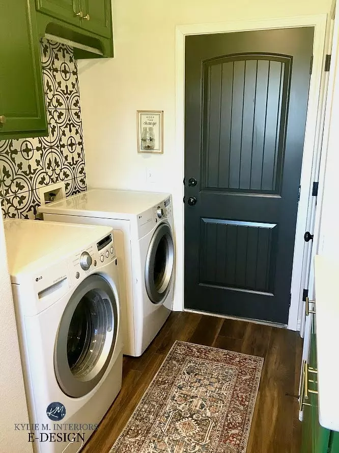 Entryway in Collonade Gray with inside of front door painted Urbane Bronze, vaulted ceiling. Kylie M Interiors Edesign, online paint consulting