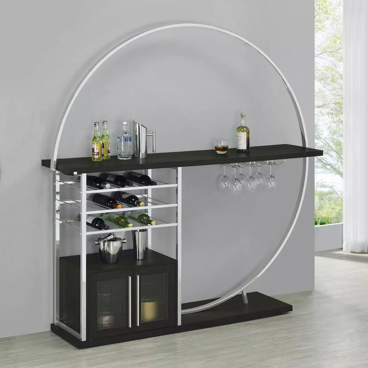 Retro furniture: Risley 2-door Circular LED Home Bar with Wine Storage Dark Charcoal