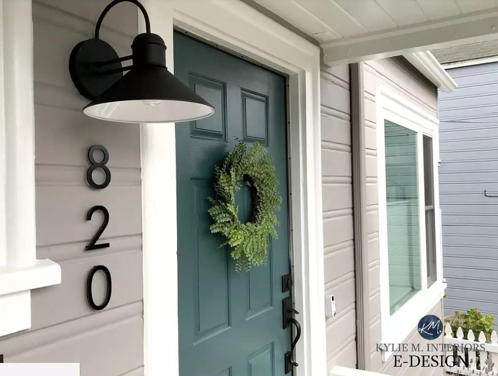 Light gray siding, James Hardie Light Mist, board and batten, shakes, white garage door, cedar wood soffits and beams, High Reflective White exterior trim. Kylie M Interiors Edesign, DIY update ideas