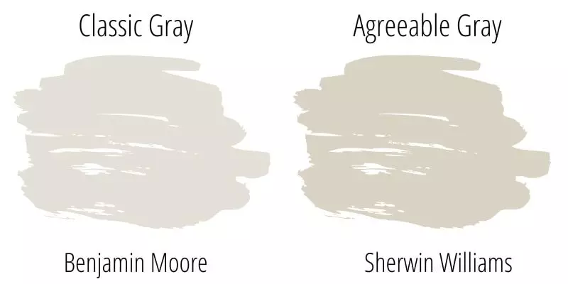 paint swatch comparison Benjamin Moore Classic Gray OC-23 versus Sherwin Williams Agreeable Gray