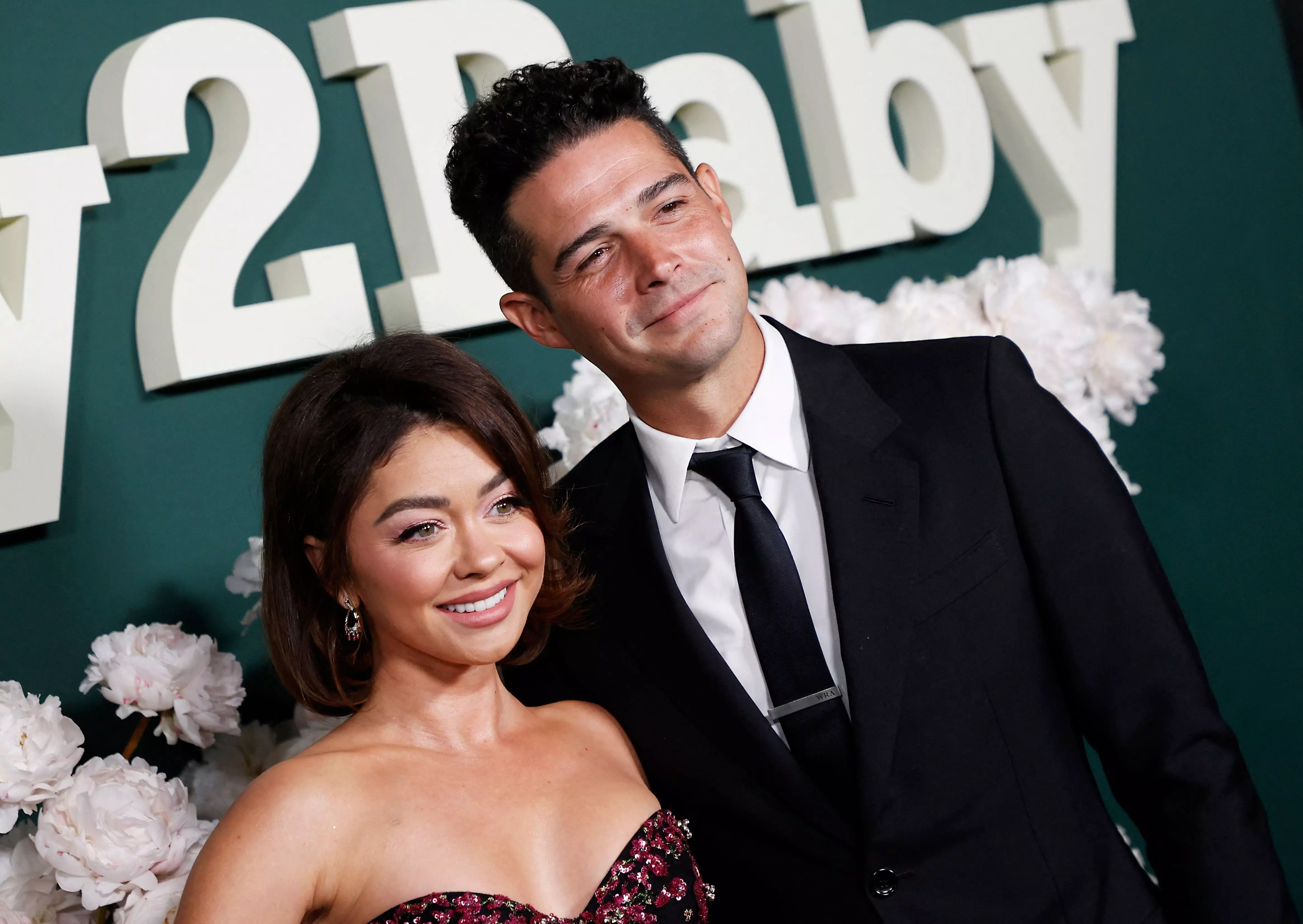 US actress Sarah Hyland (L) and husband Wells Adams arrive for the 2023 Baby2Baby Gala in Los Angeles, California, on November 11, 2023. This year