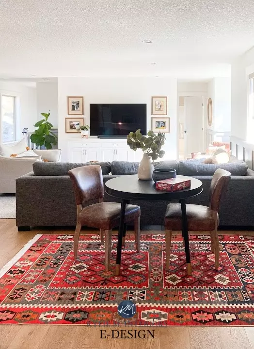 Family room, north and south facing light. Best paint colour, Benjamin Moore White Dove, Kylie M Interiors Edesign. Gray sectional, tv and stand, white oak