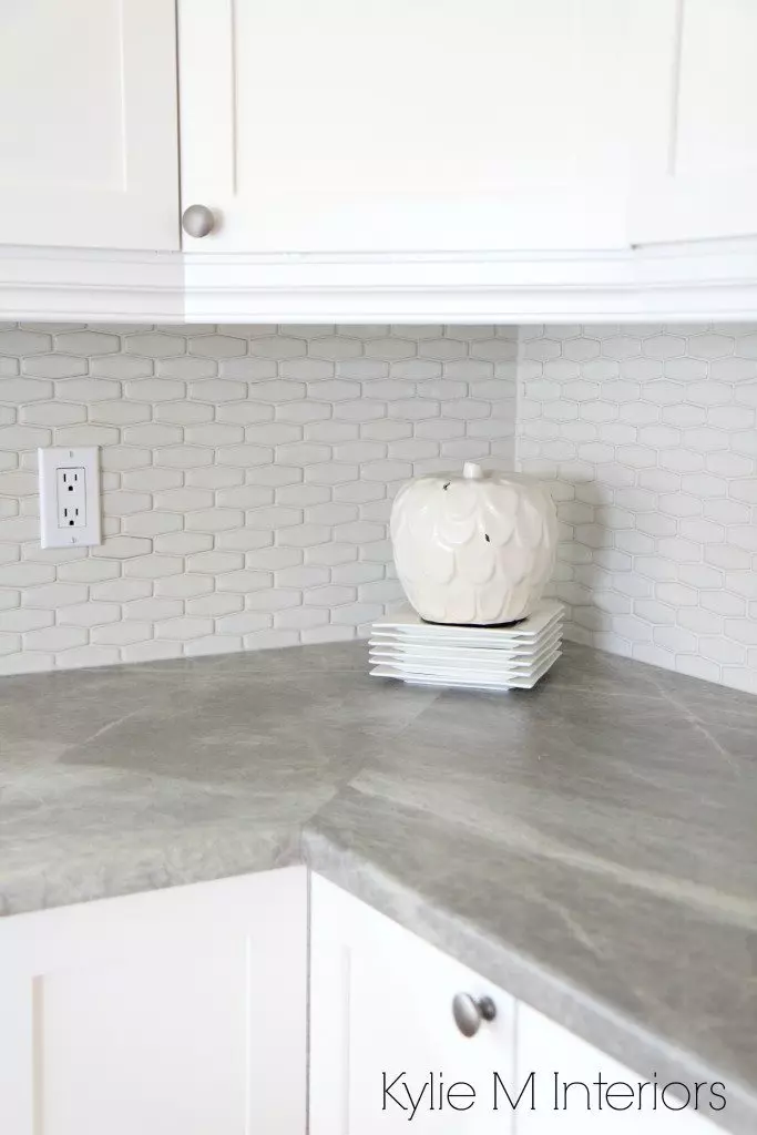 Hexagon shape subway tile backsplash, soapstone sequoia countertops by Formica and maple shaker cabinets painted Cloud White by Kylie M Interiors Online Color Consulting and E-Design