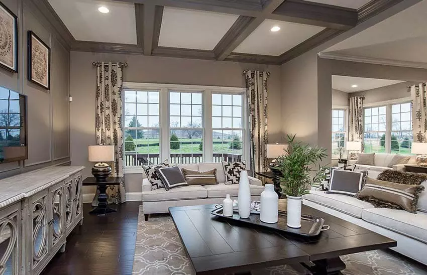 Room with shiplap walls fireplace wood and large light brown sectional couch