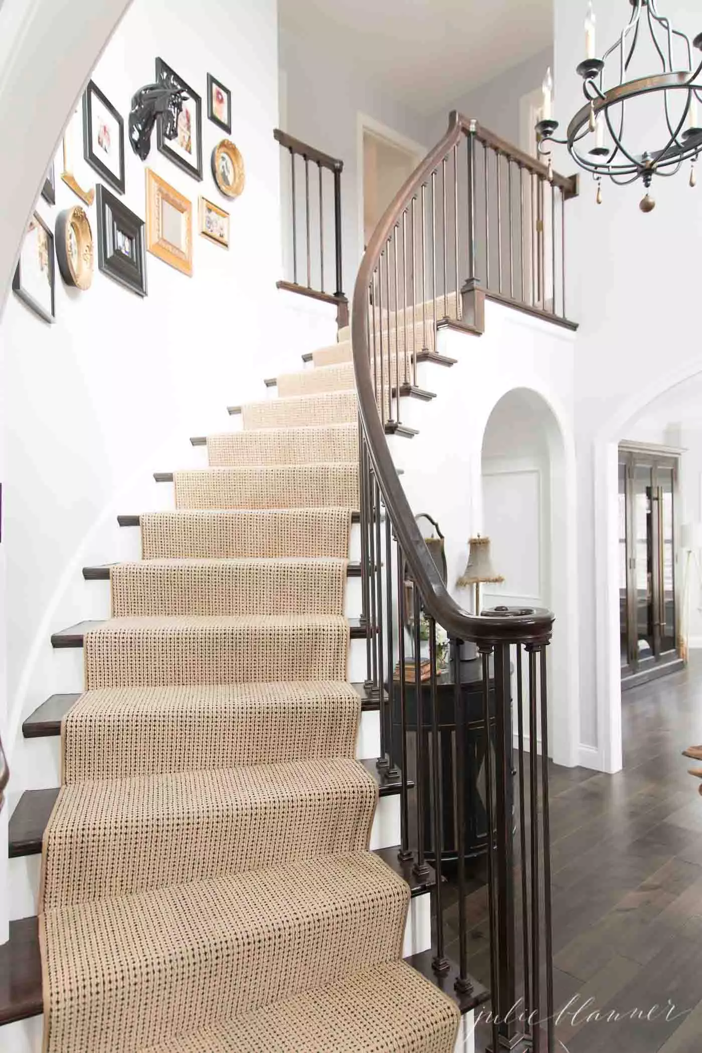 modern colonial stairs with neutral runner