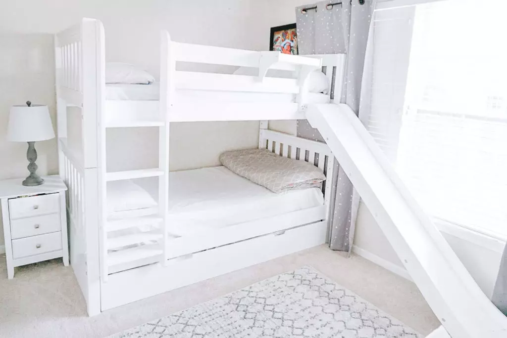 white twin over full bunk bed with stairs